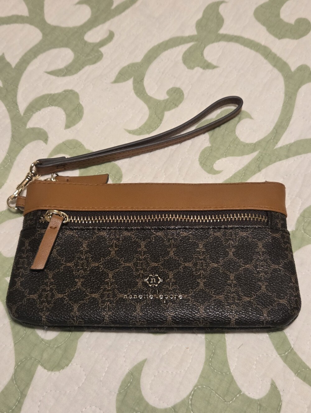 Nanette Lepore Brown and Tan Logo Zip Wristlet Faux Leather - Picture 1 of 6